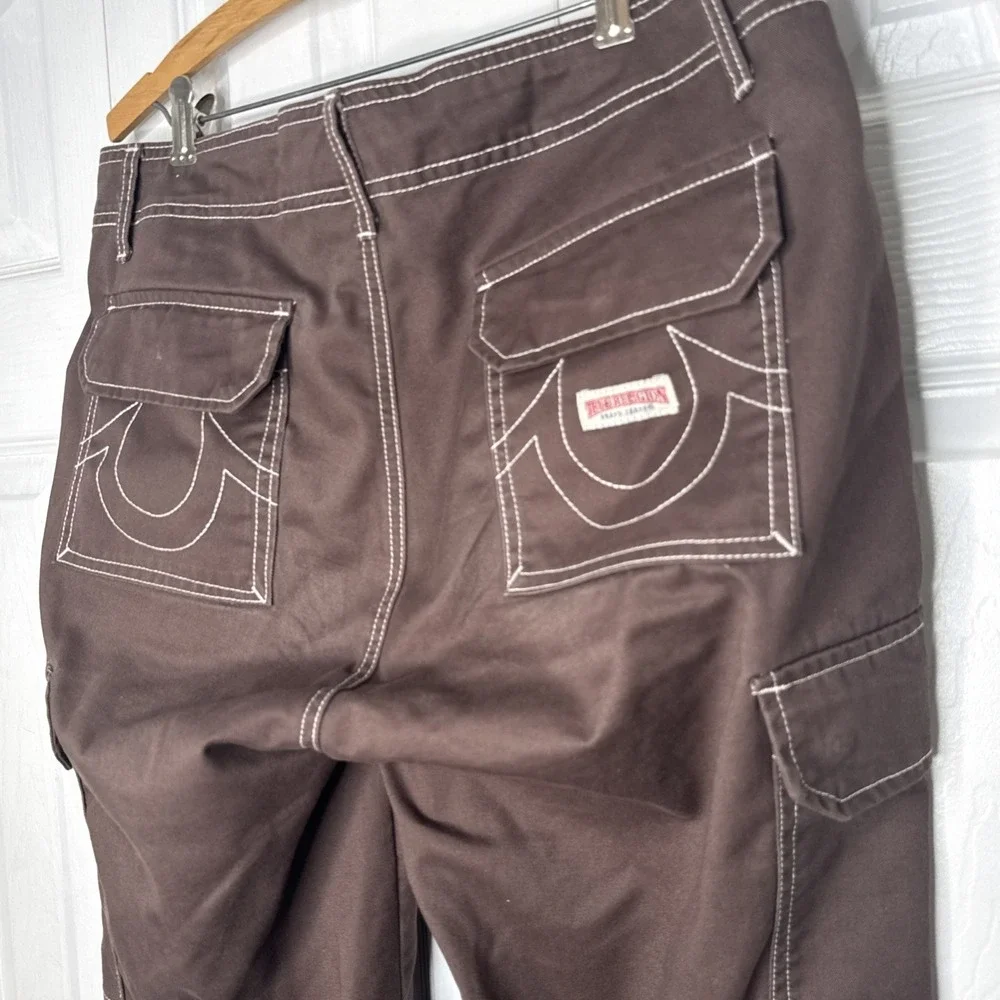 True Religion Baggy Cargo Pants 31 Brown Contrast Stitch Horseshoe Y2K Hip Hop